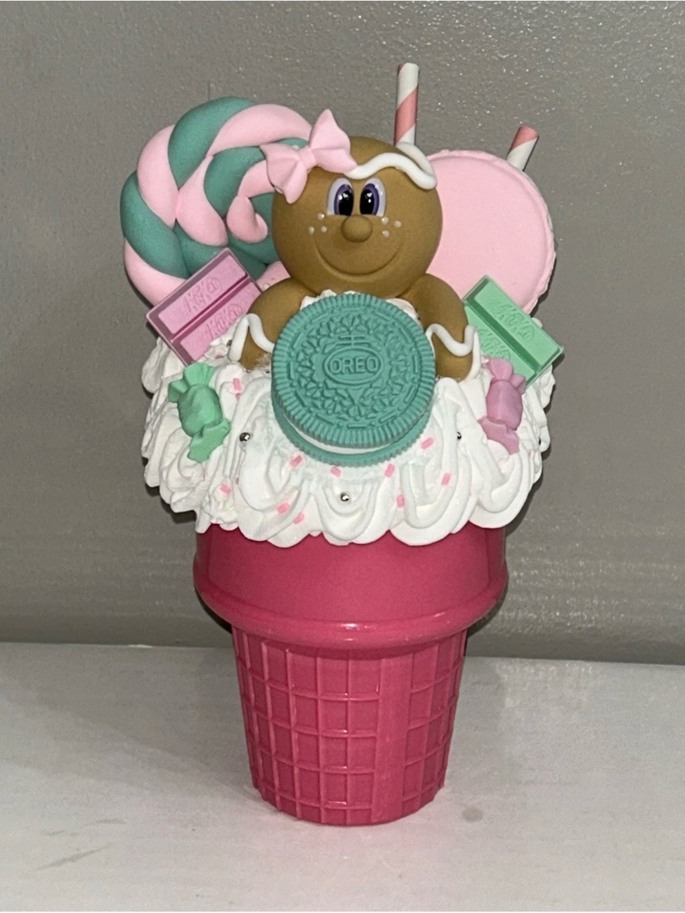 Pink Fake Whip Cream Gingerbread Milkshake Ice Cream Cone Display Handmade